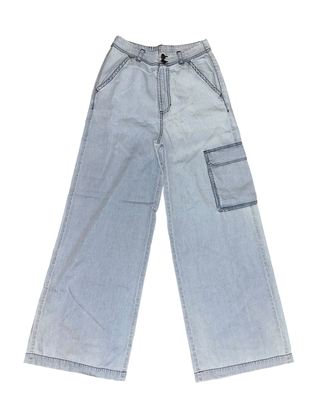 Elan Women’s Small Light Wash Wide Leg Cargo Jeans Elastic Waist Denim Pants